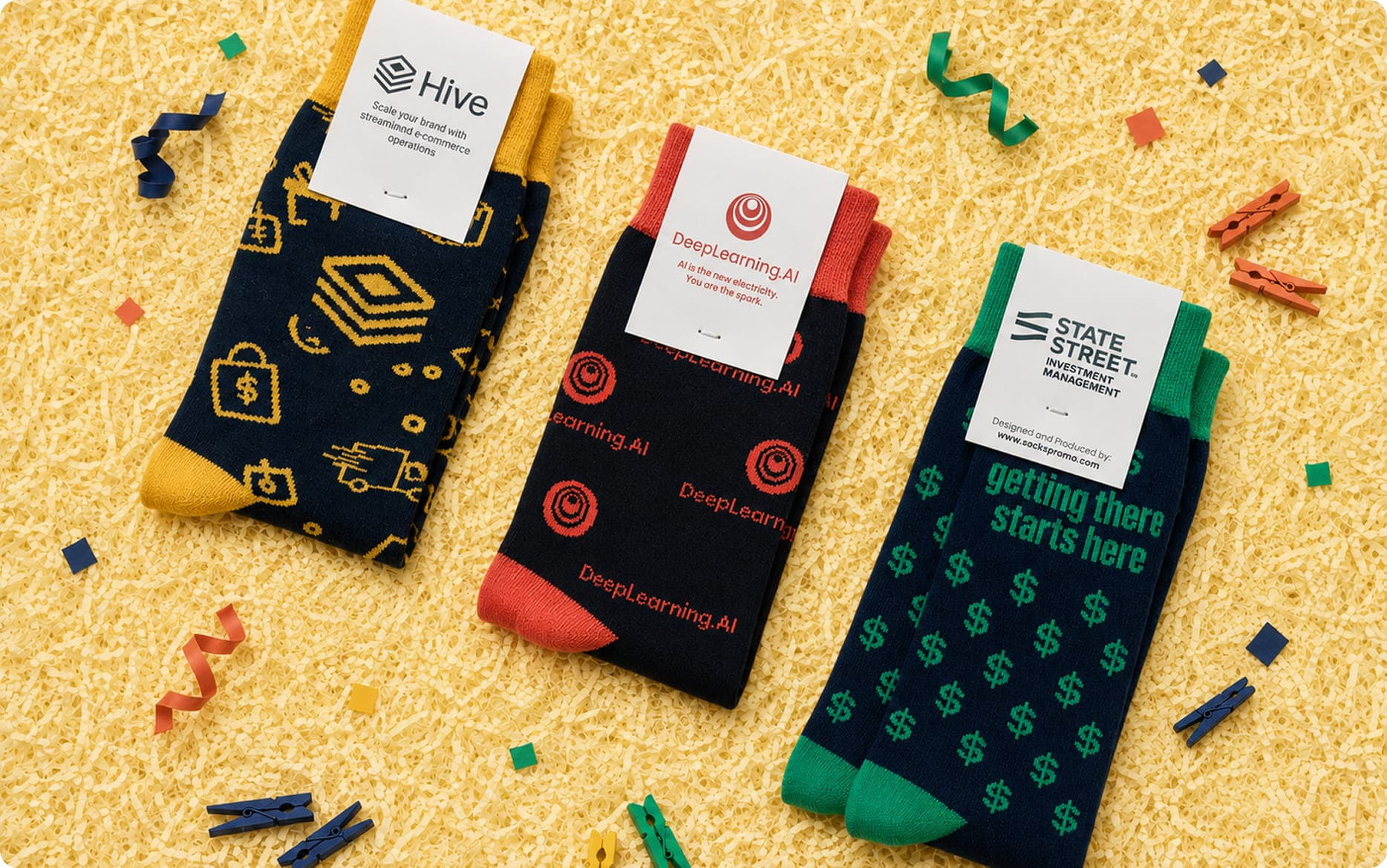 Custom branded socks laid out with holiday confetti